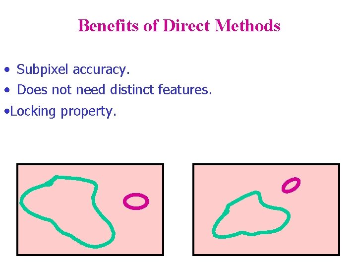 Benefits of Direct Methods • Subpixel accuracy. • Does not need distinct features. •
