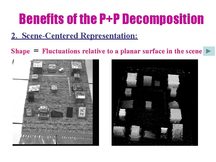 Benefits of the P+P Decomposition 2. Scene-Centered Representation: Shape = Fluctuations relative to a