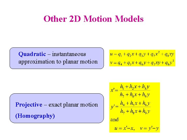 Other 2 D Motion Models Quadratic – instantaneous approximation to planar motion Projective –