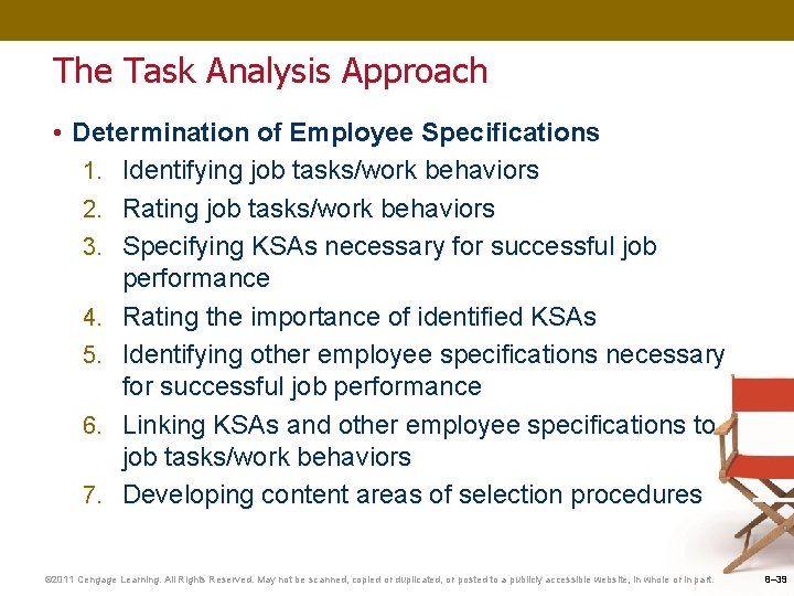 The Task Analysis Approach • Determination of Employee Specifications 1. Identifying job tasks/work behaviors