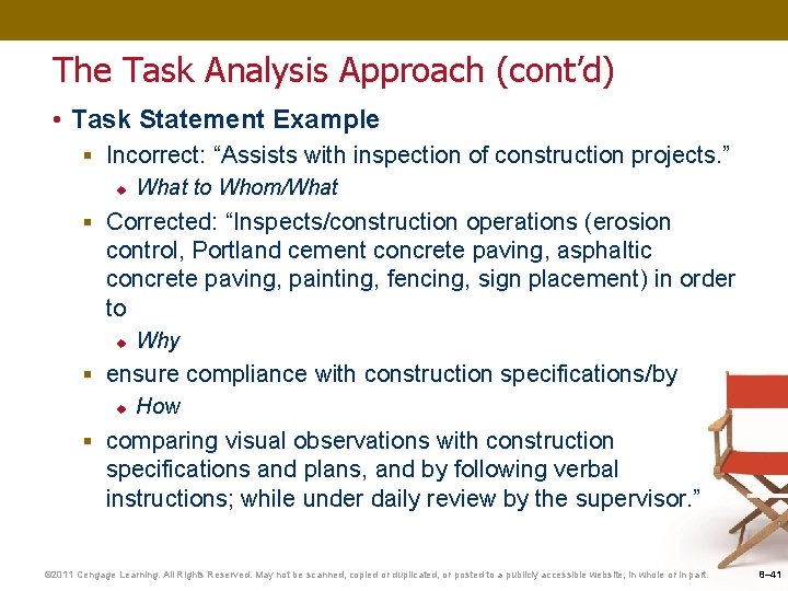 The Task Analysis Approach (cont’d) • Task Statement Example § Incorrect: “Assists with inspection