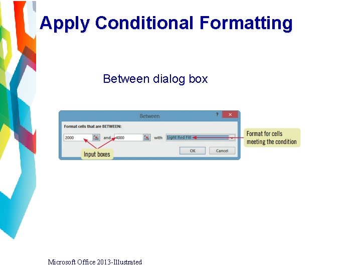 Apply Conditional Formatting Between dialog box Microsoft Office 2013 -Illustrated 