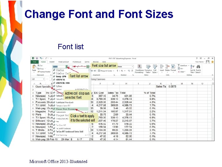 Change Font and Font Sizes Font list Microsoft Office 2013 -Illustrated 
