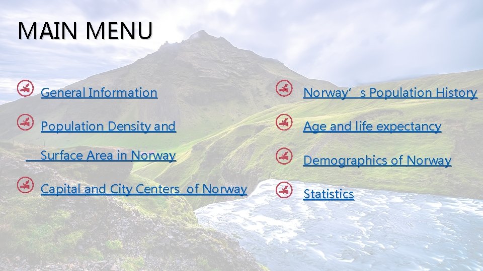 MAIN MENU General Information Norway’s Population History Population Density and Age and life expectancy