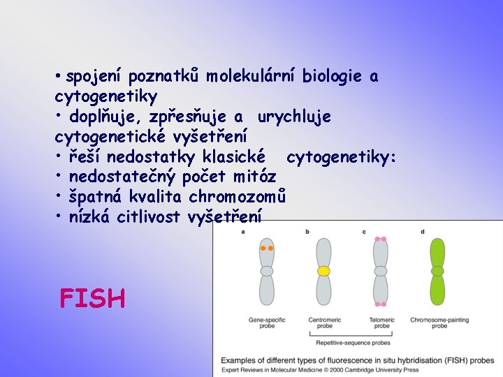  • spojení poznatků molekulární biologie a cytogenetiky • doplňuje, zpřesňuje a urychluje cytogenetické