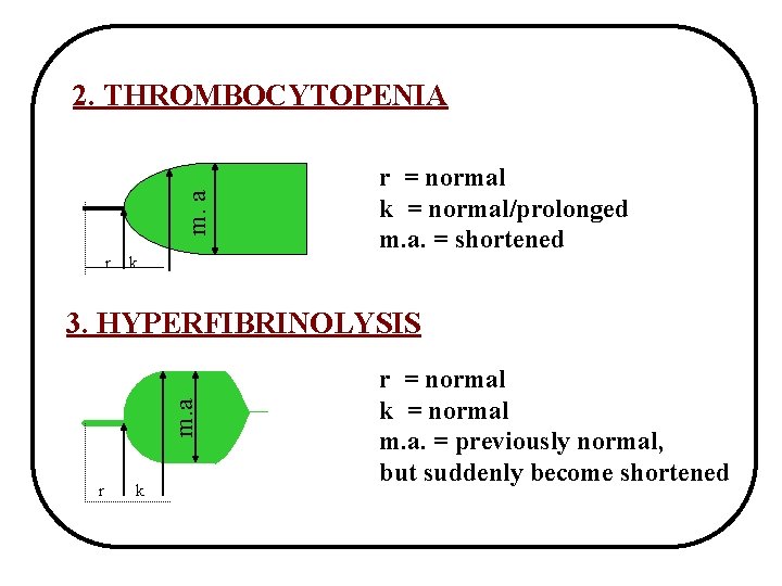 m. a 2. THROMBOCYTOPENIA r k r = normal k = normal/prolonged m. a.