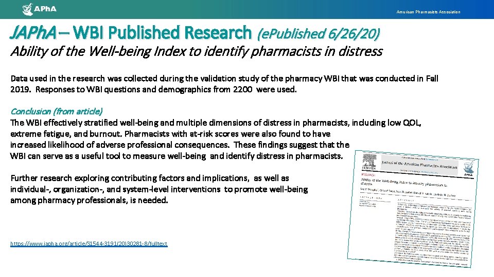 American Pharmacists Association JAPh. A – WBI Published Research (e. Published 6/26/20) Ability of