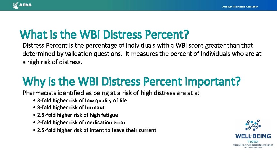 American Pharmacists Association What is the WBI Distress Percent? Distress Percent is the percentage