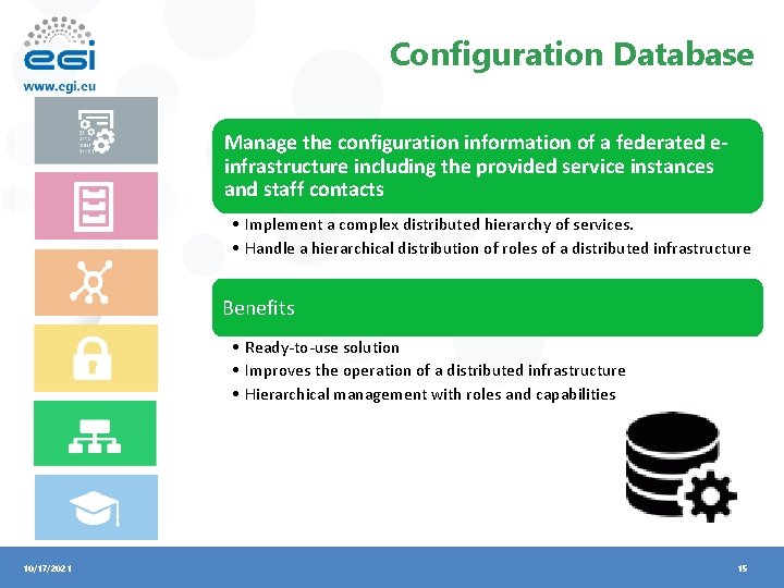 Configuration Database Manage the configuration information of a federated einfrastructure including the provided service