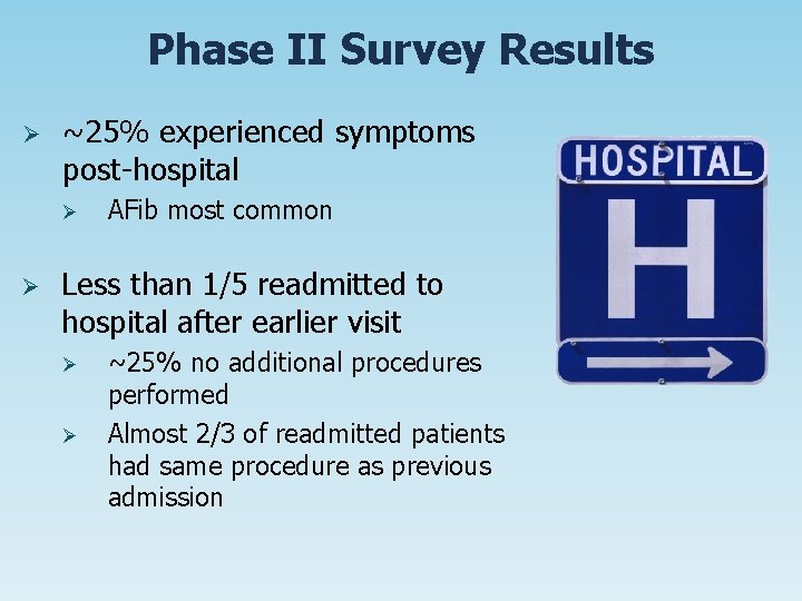 Phase II Survey Results Ø ~25% experienced symptoms post-hospital Ø Ø AFib most common