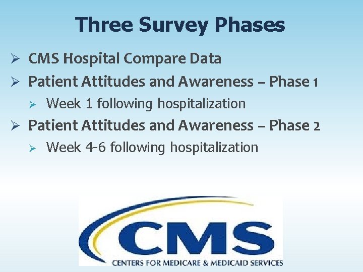 Three Survey Phases Ø CMS Hospital Compare Data Ø Patient Attitudes and Awareness –