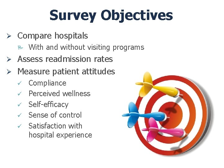 Survey Objectives Ø Compare hospitals P With and without visiting programs Ø Assess readmission