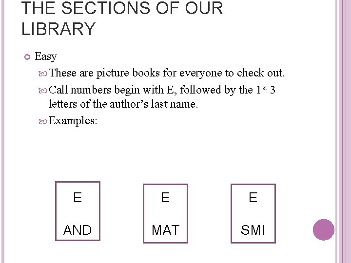 THE SECTIONS OF OUR LIBRARY Easy These are picture books for everyone to check