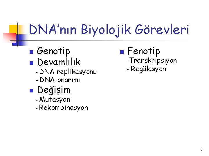 DNA’nın Biyolojik Görevleri n n Genotip Devamlılık DNA replikasyonu - DNA onarımı - n