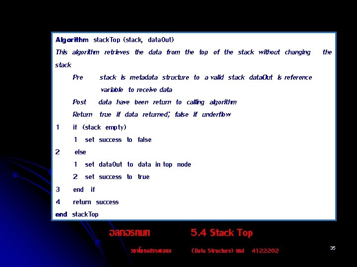 Algorithm stack. Top (stack, data. Out) This algorithm retrieves the data from the top