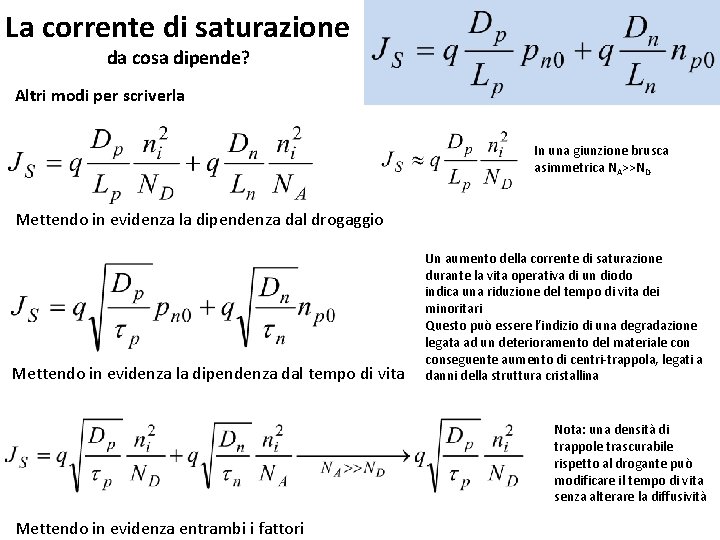 La corrente di saturazione da cosa dipende? Altri modi per scriverla In una giunzione