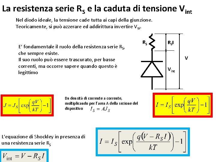 La resistenza serie RS e la caduta di tensione Vint Nel diodo ideale, la