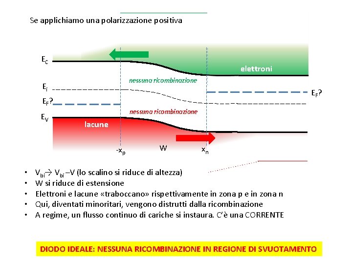 Se applichiamo una polarizzazione positiva EC elettroni nessuna ricombinazione Ei EF ? EV nessuna