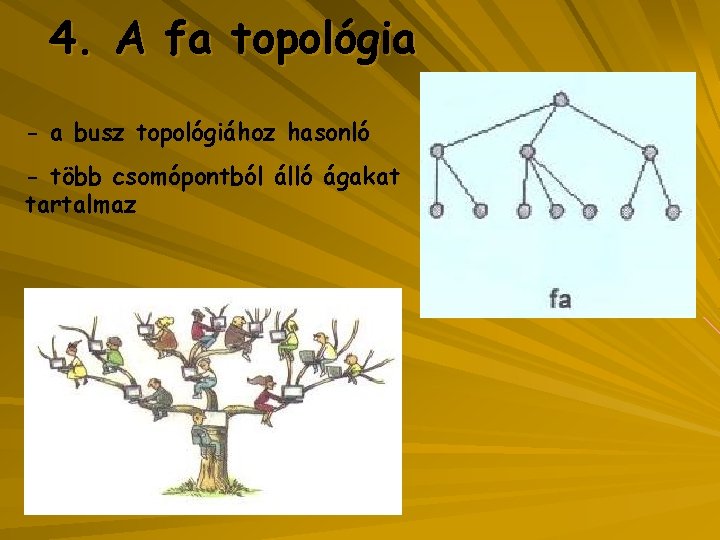 4. A fa topológia - a busz topológiához hasonló - több csomópontból álló ágakat
