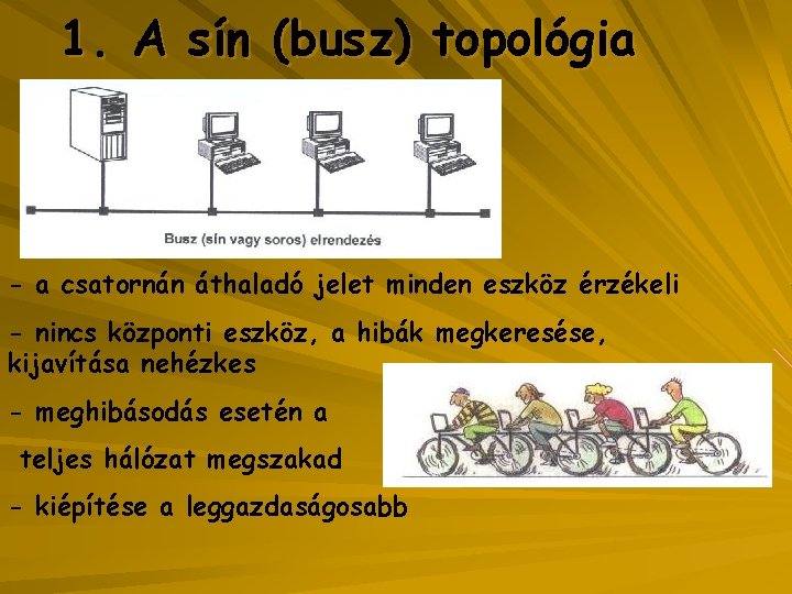 1. A sín (busz) topológia - a csatornán áthaladó jelet minden eszköz érzékeli -