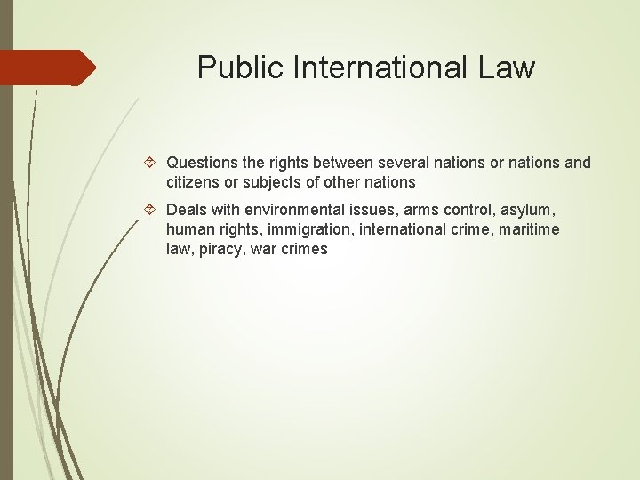 Public International Law Questions the rights between several nations or nations and citizens or