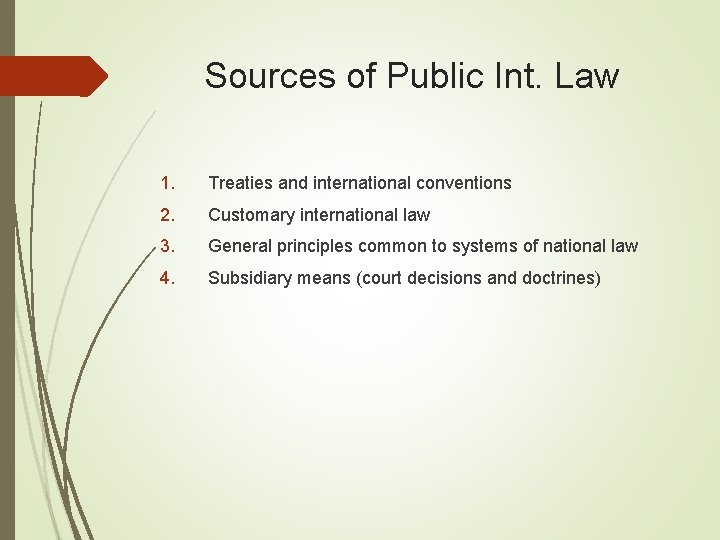 Sources of Public Int. Law 1. Treaties and international conventions 2. Customary international law