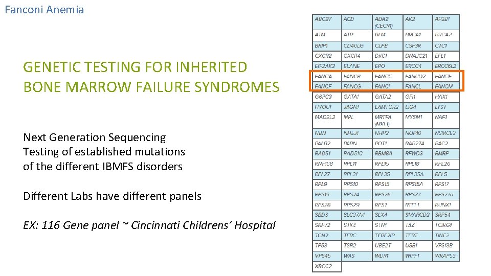 Fanconi Anemia GENETIC TESTING FOR INHERITED BONE MARROW FAILURE SYNDROMES Next Generation Sequencing Testing