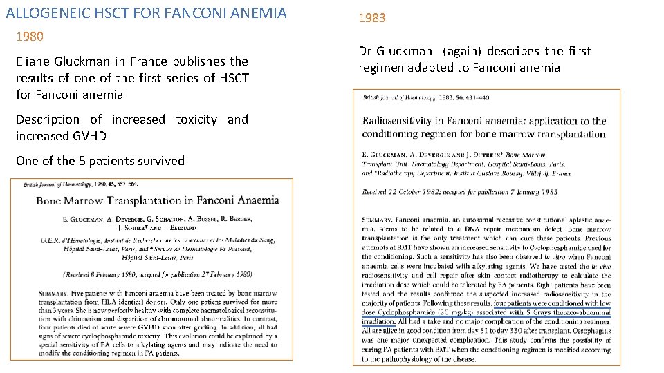ALLOGENEIC HSCT FOR FANCONI ANEMIA 1980 Eliane Gluckman in France publishes the results of