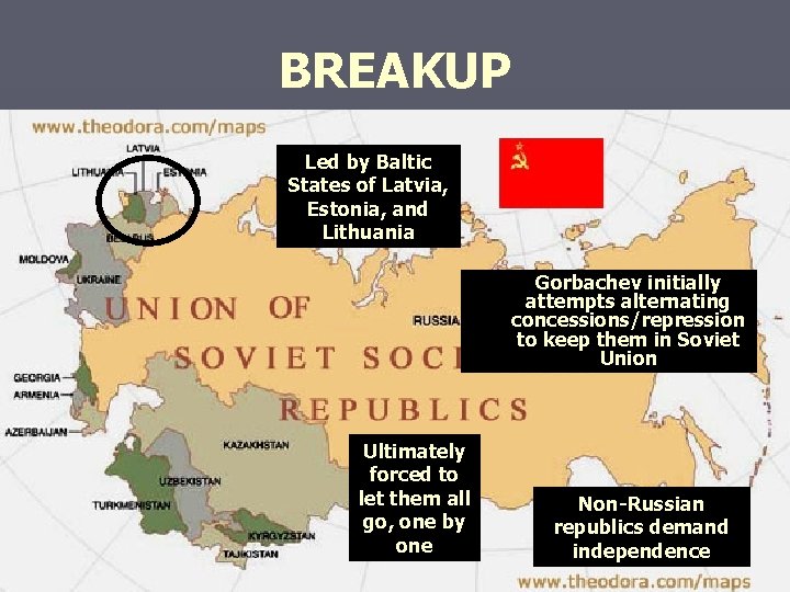 BREAKUP Led by Baltic States of Latvia, Estonia, and Lithuania Gorbachev initially attempts alternating