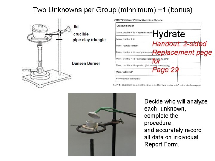 Two Unknowns per Group (minnimum) +1 (bonus) Hydrate Handout: 2 -sided Replacement page for