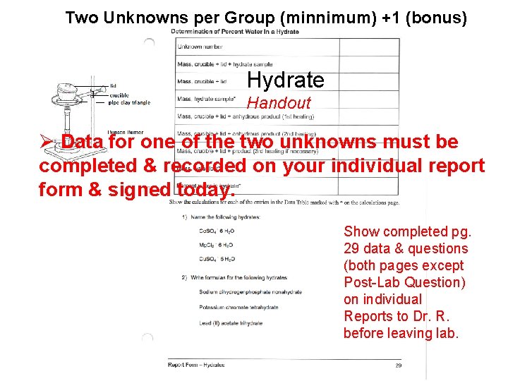 Two Unknowns per Group (minnimum) +1 (bonus) Hydrate Handout Ø Data for one of