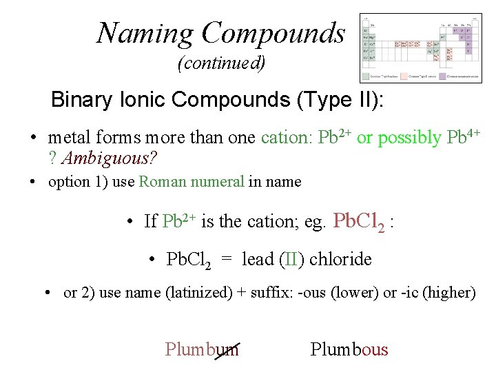 Naming Compounds (continued) Binary Ionic Compounds (Type II): • metal forms more than one