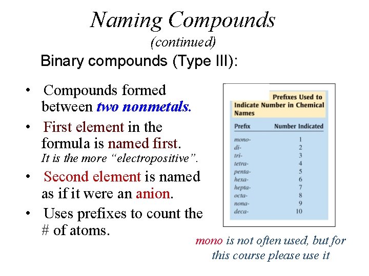 Naming Compounds (continued) Binary compounds (Type III): • Compounds formed between two nonmetals. •