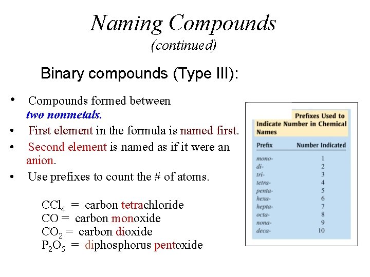 Naming Compounds (continued) Binary compounds (Type III): • Compounds formed between two nonmetals. •