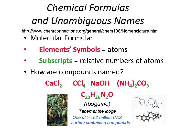 Chemical Formulas and Unambiguous Names http: //www. chemconnections. org/general/chem 108/Nomenclature. htm • Molecular Formula: