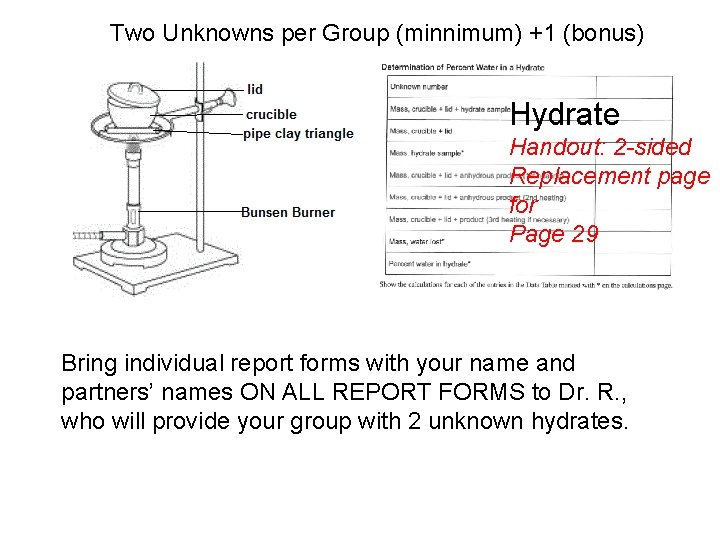 Two Unknowns per Group (minnimum) +1 (bonus) Hydrate Handout: 2 -sided Replacement page for