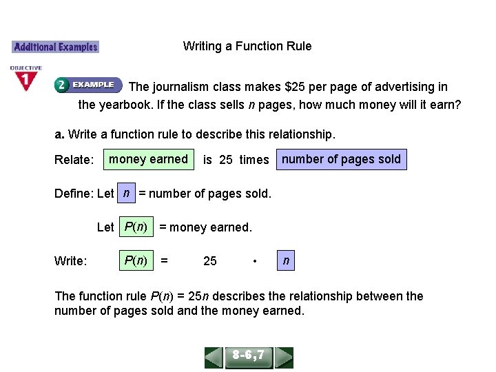 ALGEBRA 1 LESSON 86, 7 Writing a Function Rule The journalism class makes $25 ALGEBRA 1 LESSON 86, 7 Writing a Function Rule The journalism class makes $25