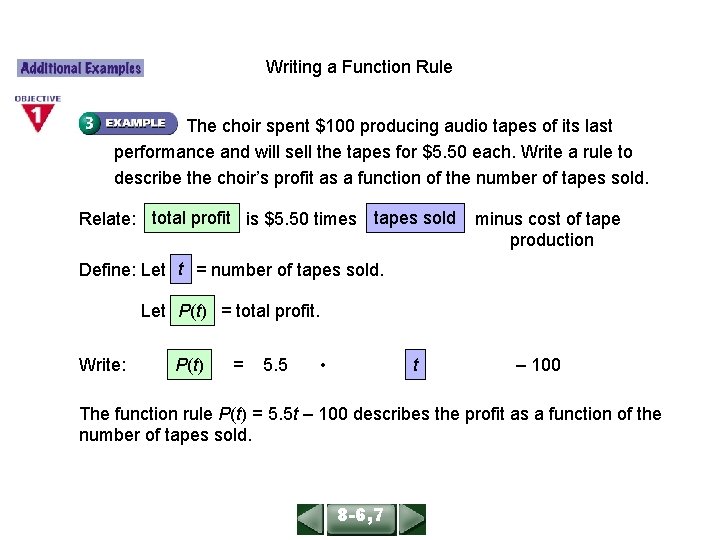 ALGEBRA 1 LESSON 86, 7 Writing a Function Rule The choir spent $100 producing ALGEBRA 1 LESSON 86, 7 Writing a Function Rule The choir spent $100 producing