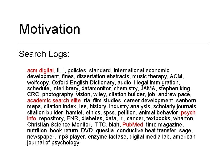 Motivation Search Logs: acm digital, ILL, policies, standard, international economic development, fines, dissertation abstracts,