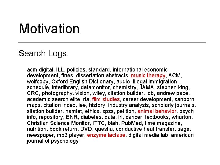 Motivation Search Logs: acm digital, ILL, policies, standard, international economic development, fines, dissertation abstracts,