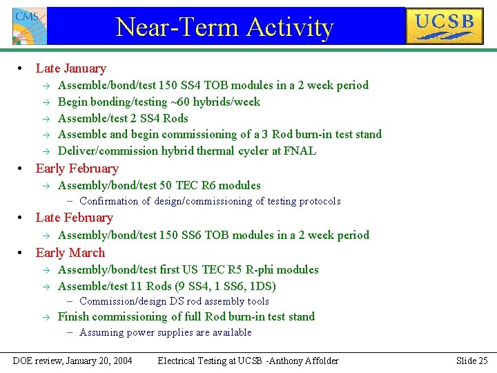 Near-Term Activity • Late January Assemble/bond/test 150 SS 4 TOB modules in a 2