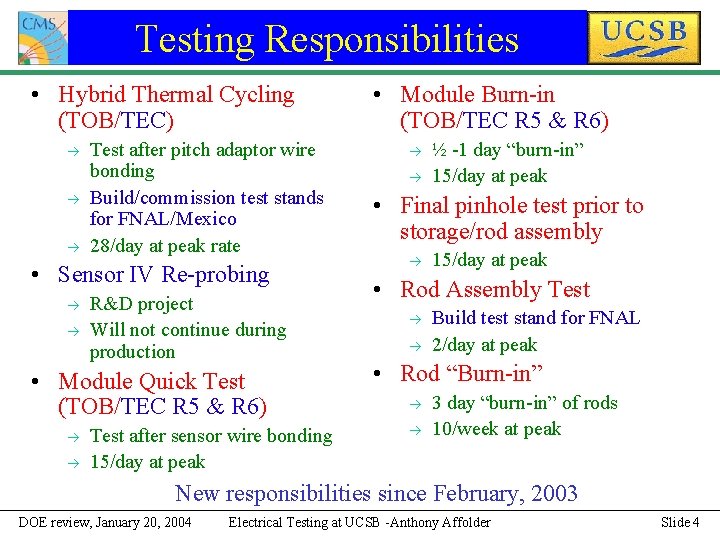 Testing Responsibilities • Hybrid Thermal Cycling (TOB/TEC) Test after pitch adaptor wire bonding Build/commission