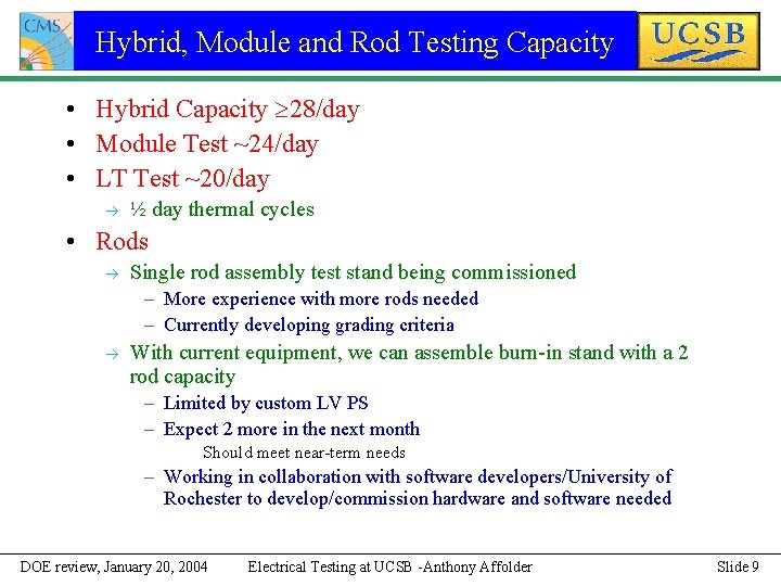 Hybrid, Module and Rod Testing Capacity • Hybrid Capacity 28/day • Module Test ~24/day