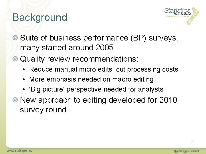 Background Suite of business performance (BP) surveys, many started around 2005 Quality review recommendations: