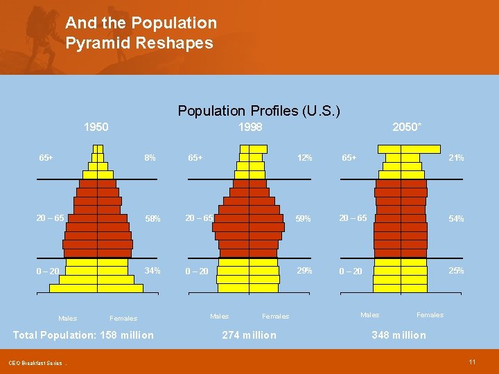 And the Population Pyramid Reshapes Population Profiles (U. S. ) 1950 1998 65+ 8%