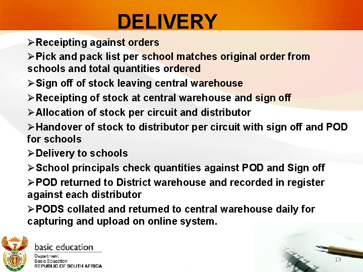 DELIVERY ØReceipting against orders ØPick and pack list per school matches original order from
