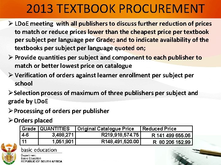 2013 TEXTBOOK PROCUREMENT Ø LDo. E meeting with all publishers to discuss further reduction