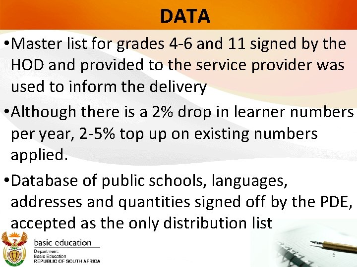 DATA • Master list for grades 4 -6 and 11 signed by the HOD