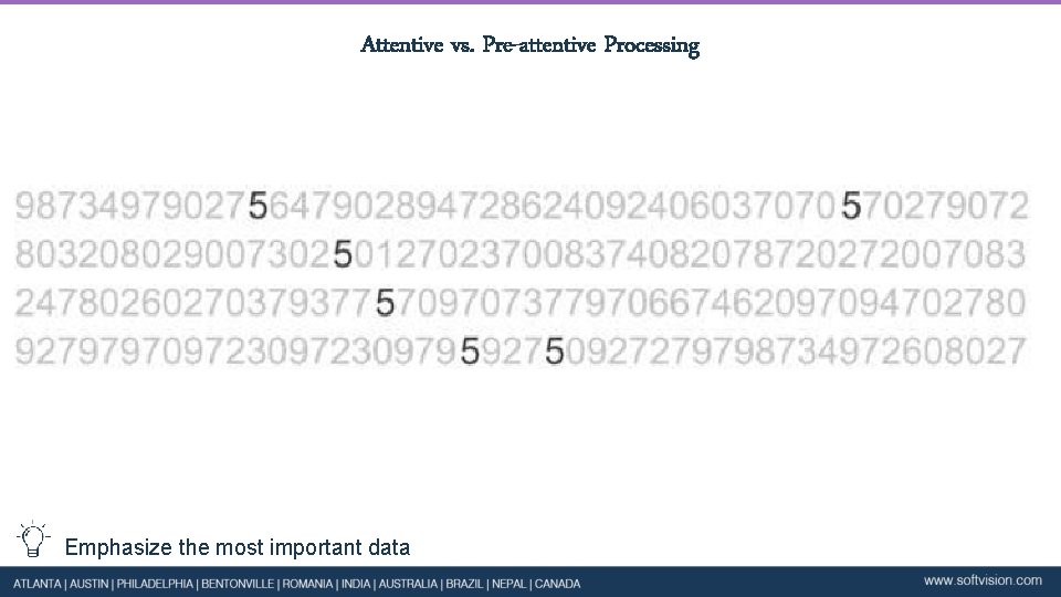 Attentive vs. Pre-attentive Processing Emphasize the most important data 