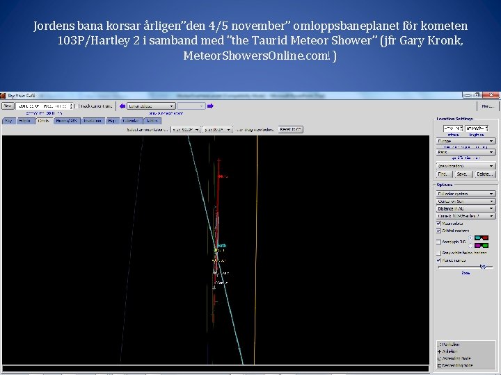 Jordens bana korsar årligen”den 4/5 november” omloppsbaneplanet för kometen 103 P/Hartley 2 i samband